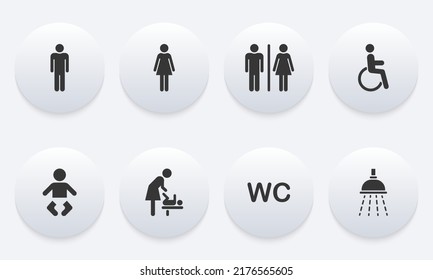 Set of Toilet Silhouette Icon. Mother and Baby Room Icon. WC Sign on Door for Public Toilet. Sign of Washroom for Male, Female and Children. Symbols Restroom. Vector Illustration.
