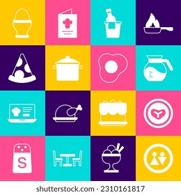 Set Toilet, Steak meat on a plate, Coffee pot, Champagne in an ice bucket, Cooking, Slice pizza, Chicken egg stand and Scrambled eggs icon. Vector