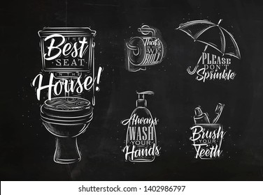 Set of toilet symbols in retro style with lettering drawing on chalk background