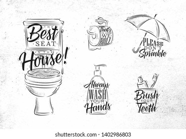 Set of toilet symbols in retro style with lettering drawing on dirty paper background