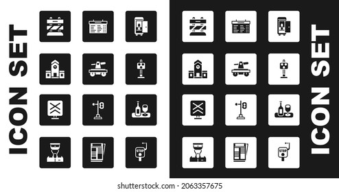 Set Toilet in the train car, Draisine or handcar, Railway station, End of railway tracks, Train traffic light, board, Wine bottle with glass and Railroad crossing icon. Vector