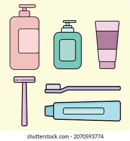 set of toiletries with simple flat vector design cartoon icon style. include shampoo, soap, facewash, shaver, toothbrush and toohpaste.