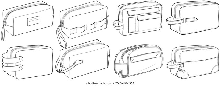 set of toiletry bags flat sketch vector illustration technical cad drawing template