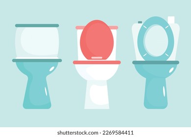 Set de retretes al estilo de las caricaturas. Ilustración vectorial de los modernos bidets, inodoros aislados en un fondo azul. Inodoro cerámico