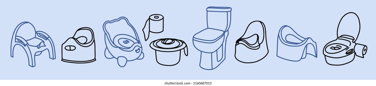 Set of toilets for children. Collection of toilet pots for kids. Potty chair for a child of different shapes and size. Vector linear illustration of a baby pot. Child's hygiene item.