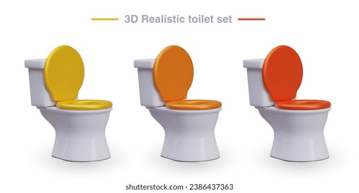 Set of toilets with yellow, orange, red seats. Illustrations for site, application. Modern ceramic sanitary ware. Vector image with reflections and shadows