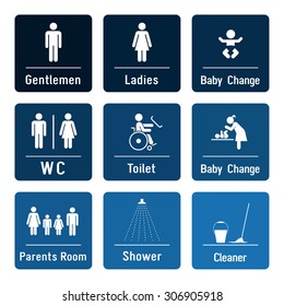 Set of toilette and bathroom signs. Collection of informational icons presenting toilette, bathroom and changing room. Set of informational signs. Men and women toilet pictogram.