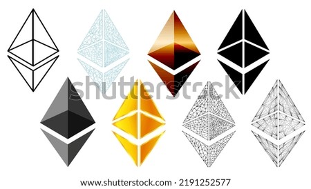 Set of token Ethereum ETH in golden colors and wireframe style isolated on white background. For website or banner. Vector design element.