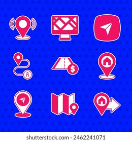 Set Toll road traffic, Folded map with location marker, Location house, Map pin, Route, City navigation and  icon. Vector