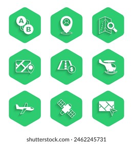 Set Toll road traffic sign, Satellite, City map navigation, Helicopter, Plane, Infographic of city, Search location and Route icon. Vector