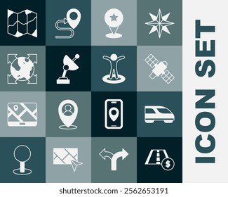 Set Toll road traffic sign, High-speed train, Satellite, Map pointer with star, Radar, World globe compass, Folded map and Location person icon. Vector