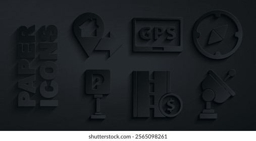 Set Toll road traffic sign, Compass, Parking, Radar, Gps device with map and Location house icon. Vector