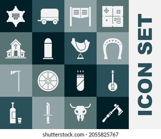 Set Tomahawk axe, Banjo, Horseshoe, Saloon door, Bullet, Church building, Hexagram sheriff and Wild west saddle icon. Vector