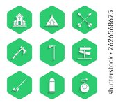 Set Tomahawk axe, Bullet, Bomb ready to explode, Road traffic signpost, Native American indian smoking pipe, Crossed arrows and Church building icon. Vector