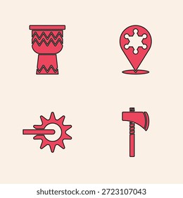 Establecer Tomahawk hacha, tambor, hexagrama sheriff y el icono de espolón. Vector