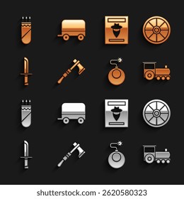 Conjunto Tomahawk hacha, rueda de madera vieja, tren retro, bomba lista para explotar, cuchillo militar, cartel occidental buscado, carcaj con flechas e icono de carro cubierto salvaje. Vector