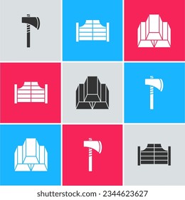 Set Tomahawk axe, Saloon door and Gold bars icon. Vector