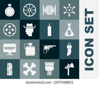 Set Tomahawk axe, Tooth, Money bag, Saloon door, Cowboy, Revolver cylinder, Canteen water bottle and Dynamite bomb icon. Vector