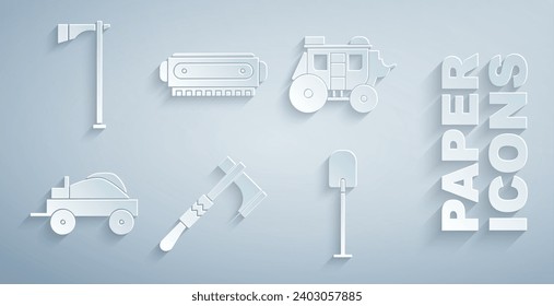 Coloca la hacha Tomahawk, la cuchara de estanqueidad occidental, el vagón cubierto de Wild west, Shovel, Harmonica e icono. Vector