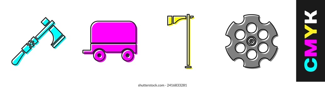 Set Tomahawk axe, Wild west covered wagon, Tomahawk axe and Revolver cylinder icon. Vector