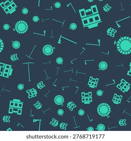 Set Tomahawk axe, Wild west saloon, Pickaxe and Canteen water bottle on seamless pattern. Vector