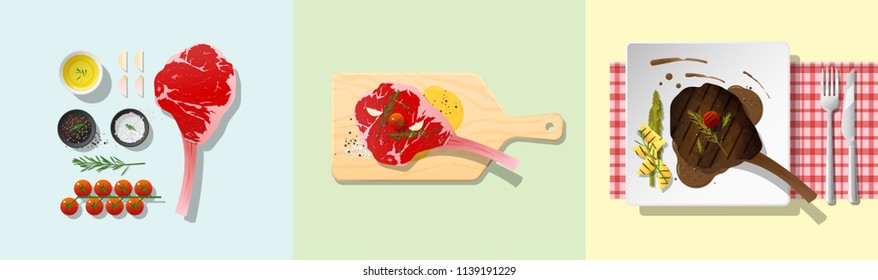 Set of tomahawk steak recipe , preparation cooking and plating , vector , illustration