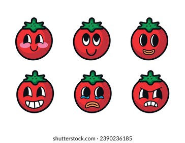 Set of tomato cartoon with many expressions. Retro design vector illustration of tomato on white background. Mascot faces