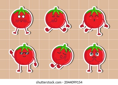 Set of tomato character vector flat illustration. Cute tomato sticker template decorated with different expressions. vegetables vector illustration. tomato kawaii stickers.