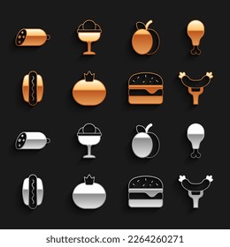 Set Tomato, Chicken leg, Sausage on the fork, Burger, Hotdog, Plum fruit, Salami sausage and Ice cream in bowl icon. Vector