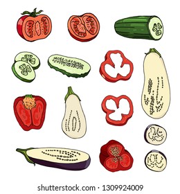 Set with tomato, cucumber, eggplant and bell pepper slices on white background. Different sliced vegetables isolated on white background