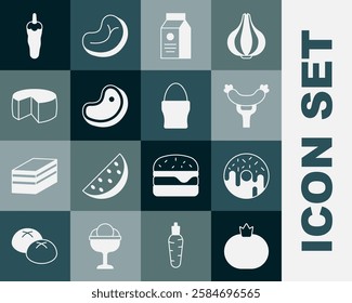 Set Tomato, Donut, Sausage the fork, aper package milk, Steak meat, Cheese, Hot chili pepper and Chicken egg stand icon. Vector