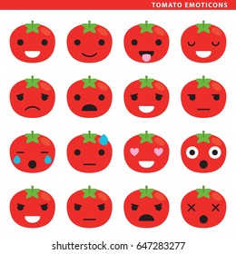 Set of tomato emoticons with sixteen different expressions.