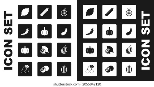 Set Tomato, Garlic, Hot chili pepper pod, Lemon, Eggplant, Fresh cucumber, Watermelon and Pumpkin icon. Vector