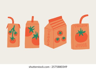 Set Tomato Juice Paper Box. Collection Fresh Vegetable Beverage Pack. Hand Drawn Vector Isolated Illustration