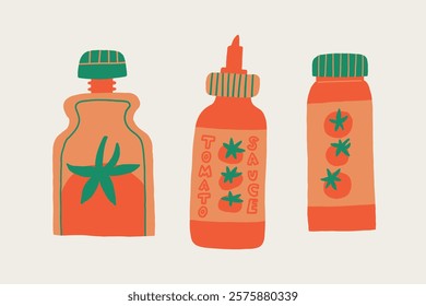 Set Tomato Ketchup Juice Puree. Vegetable Pack with Tomato Cherry. Hand Drawn Vector Isolated Illustration
