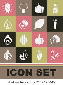 Set Tomato, Kiwi fruit, Carrot, Bell pepper, Plum, Cabbage and Lemon icon. Vector