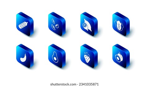 Set Tomato, Lemon, Cabbage, Plum fruit, Strawberry, Avocado, Eggplant and Fresh cucumber icon. Vector