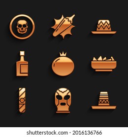 Set Tomato, Mexican wrestler, sombrero, Nachos in bowl, Cigar, Tequila bottle,  and skull coin icon. Vector