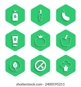 Set Tomato, No meat, Broccoli, Apple, Leaf or leaves, Organic cosmetic, Eggplant and  icon. Vector