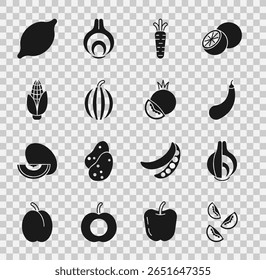 Set Tomato, Onion, Eggplant, Carrot, Watermelon, Corn, Lemon and  icon. Vector