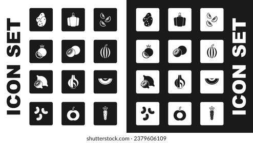 Set Tomato, Orange fruit, Potato, Watermelon, Bell pepper, Melon and Lemon icon. Vector