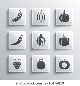 Set Tomato, Peach fruit, Bell pepper, Onion, Strawberry, Hot chili pod, Fresh cucumber and Garlic icon. Vector