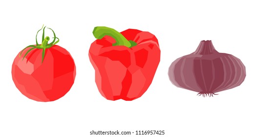 Set of tomato, pepper and onion in WPAP style. Color vector illustration of vegetables in polygonal art style. Food isolated on white background