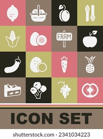 Set Tomato, Pineapple, Apple, Plum fruit, Kiwi, Corn, Lemon and Location farm icon. Vector