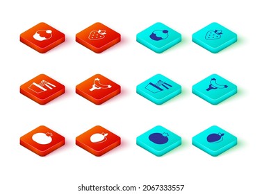 Set Tomato, Plum fruit, Asian noodles in bowl, Sausage on the fork, Strawberry and Muffin icon. Vector