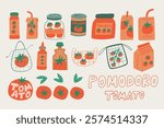 Set Tomato Product Package. Cherry Tomatoes Vegetable Collection Object. Vector Hand Drawn Style