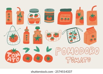 Set Tomato Product Package. Cherry Tomatoes Vegetable Collection Object. Vector Hand Drawn Style