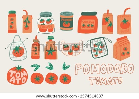 Set Tomato Product Package. Cherry Tomatoes Vegetable Collection Object. Vector Hand Drawn Style