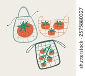 Set Tomato Reusable Mesh Bag. Collection Grocery Vegetable Basket. Hand Drawn Vector Isolated Illustration