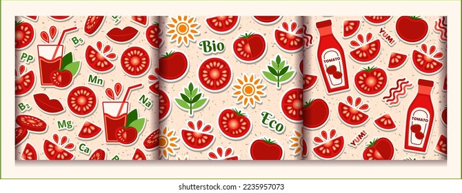 Satz von Tomaten nahtlose Muster mit Design-Elemente in einfachen geometrischen Stil. Aufkleber von Tomatenscheiben, Sonne, Glas Saft, Ketschup-Flasche. Gut für Markenbildung, Dekoration von Lebensmittelverpackungen